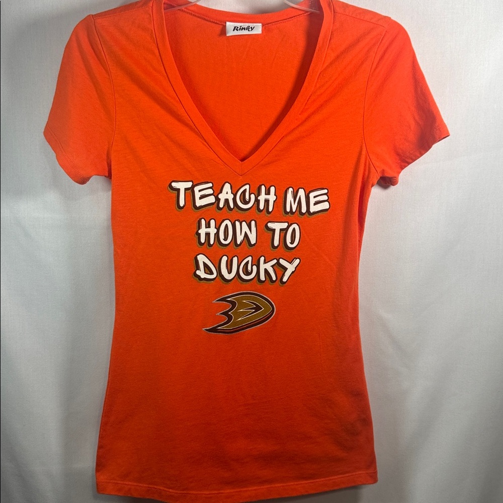Rinky Anaheim Ducks Teach Me How To Ducky Graphic V-Neck Tee Orange Small
